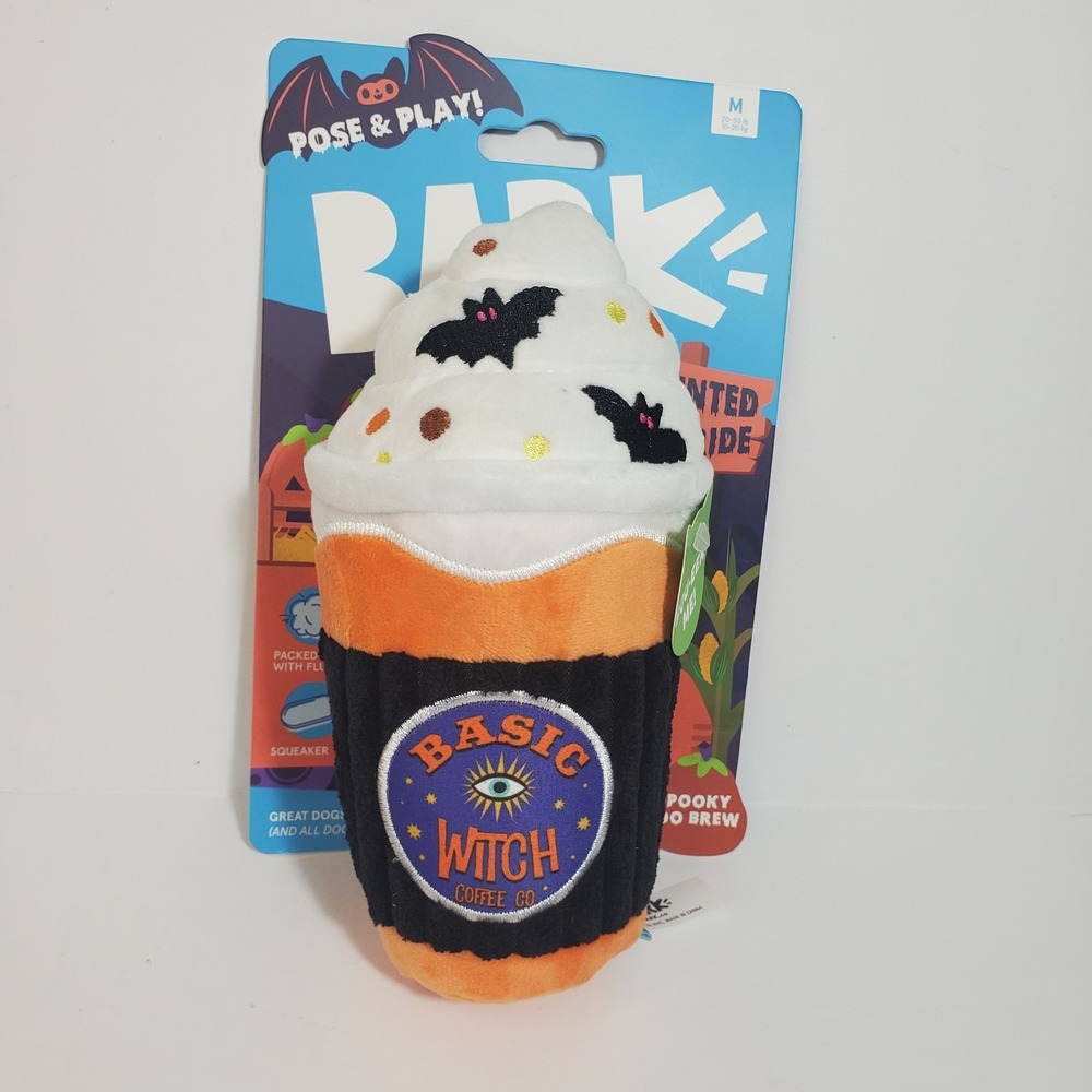 Bark Halloween Spooky Boo Drew Dog Toy Plush Coffee Cup Squeaker For Med Dog NEW
